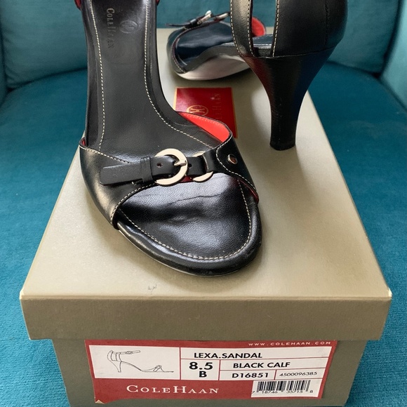Cole Haan Black Calf Open-Toe Heeled Sandals - Picture 2 of 2